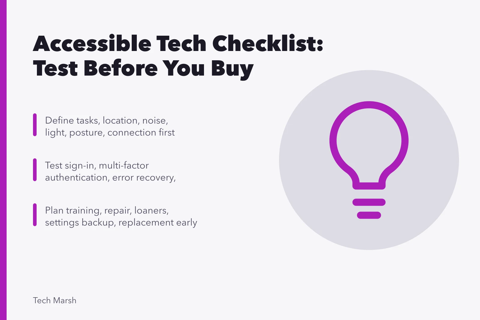 Checklist card for testing accessible technology setup, daily use, and support planning. Accessible technology checklist for selection, testing, and handover, 2027 edition