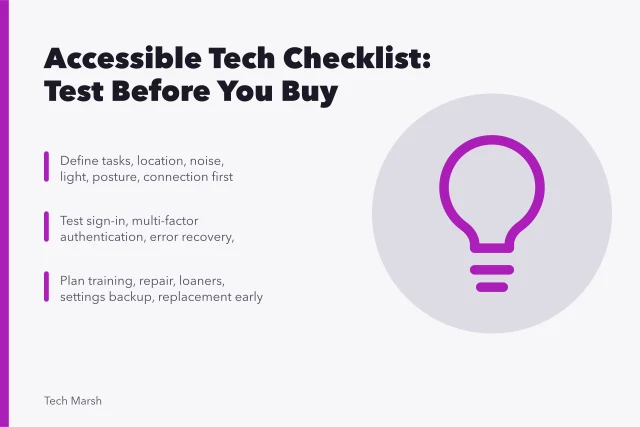 Checklist card for testing accessible technology setup, daily use, and support planning. Accessible technology checklist for selection, testing, and handover, 2027 edition