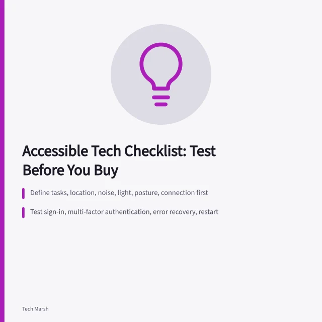 Checklist card for testing accessible technology setup, daily use, and support planning. Accessible technology checklist for selection, testing, and handover, 2027 edition