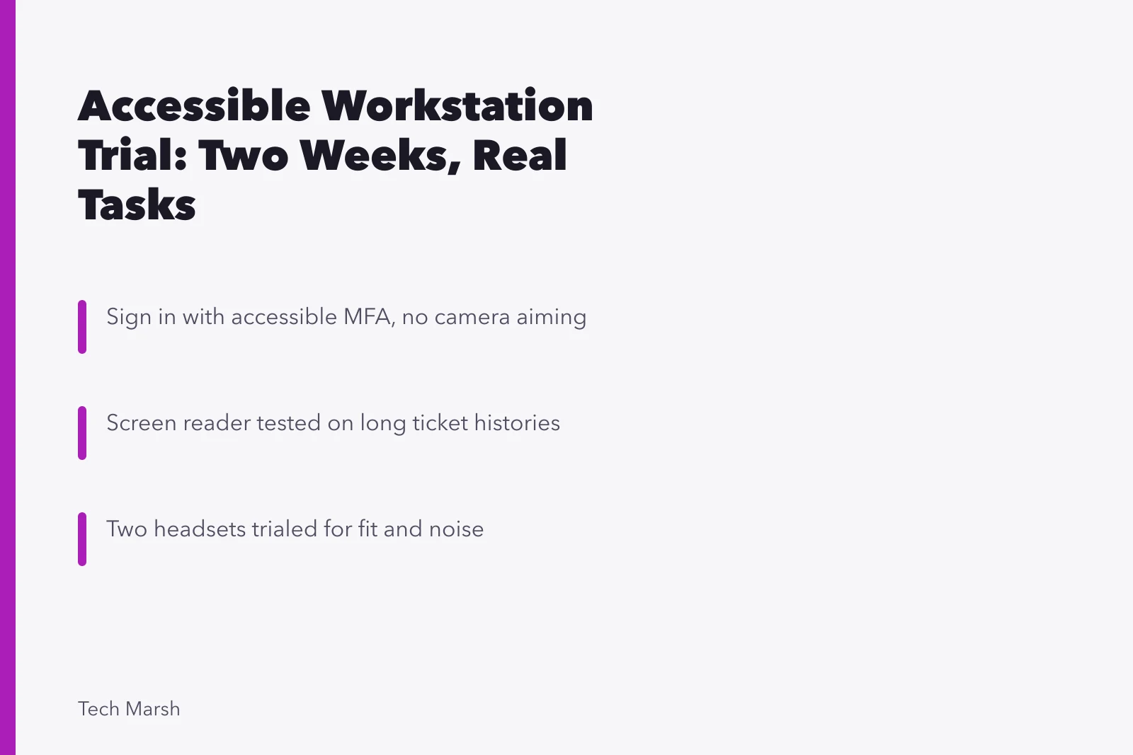 Card summarizing a two-week accessible workstation trial with tasks, barriers, and acceptance conditions. Accessible workstation case: what the two-week trial actually settled