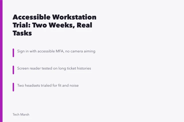 Card summarizing a two-week accessible workstation trial with tasks, barriers, and acceptance conditions. Accessible workstation case: what the two-week trial actually settled