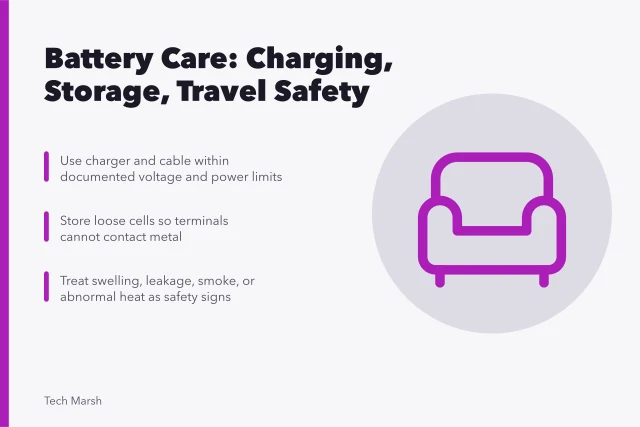 Battery care checklist for charging, storage, and safe travel. Battery care checklist for daily charging, storage, and safe travel