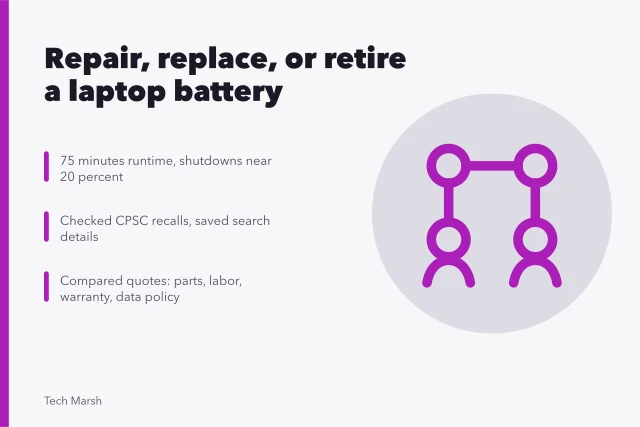 Card comparing laptop battery repair, replacement, and retirement criteria. Repair, replace, or retire: a battery replacement case worth reading