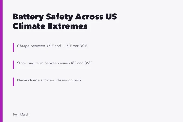 Card on lithium-ion battery safety in Arizona heat and Minnesota cold. Battery safety from Arizona heat to Minnesota cold, a US climate overview