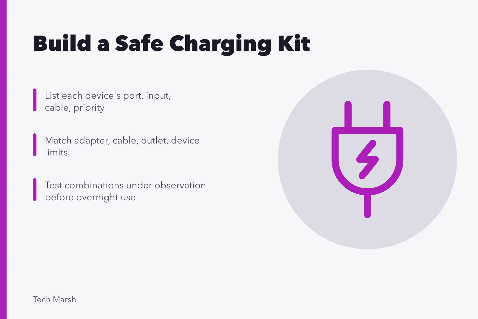 Charging kit safety guide with device table and cable matching steps. Putting together a safe charging kit for everyday devices