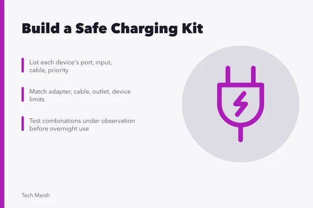 Charging kit safety guide with device table and cable matching steps. Putting together a safe charging kit for everyday devices