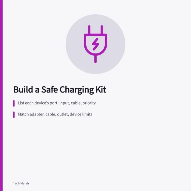 Charging kit safety guide with device table and cable matching steps. Putting together a safe charging kit for everyday devices