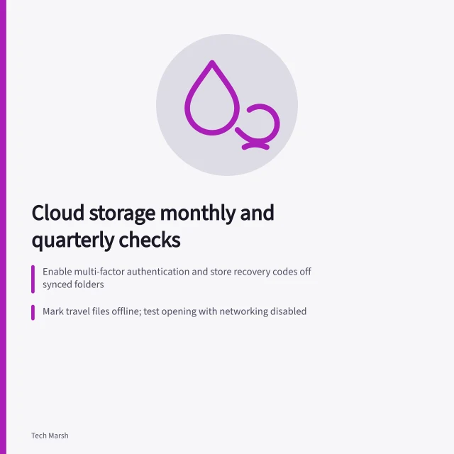 Cloud storage checklist for accounts, sync, offline access, and recovery. Cloud checklist for accounts, sync, offline access, and deleted-item recovery