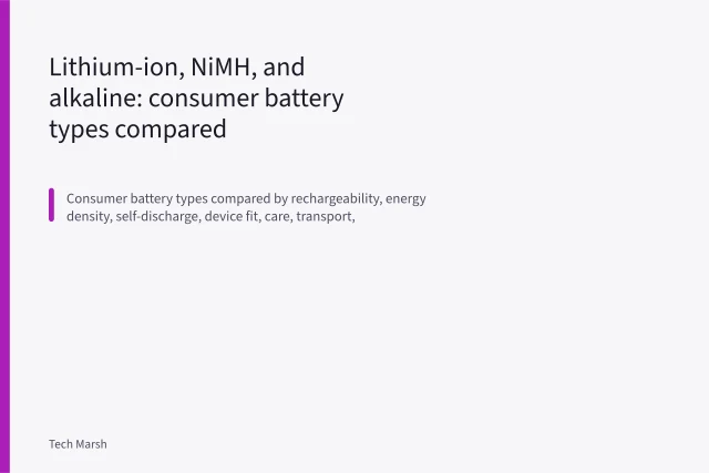 Close-up of lithium-ion, NiMH, and alkaline consumer batteries side by side. Lithium-ion, NiMH, and alkaline: consumer battery types compared