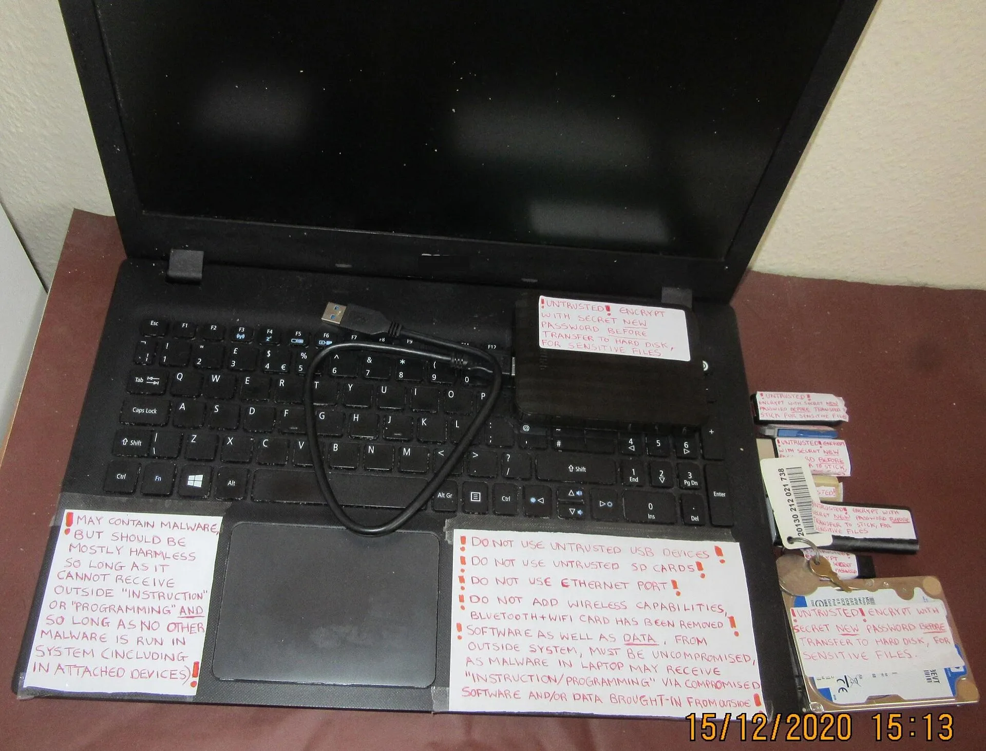 These devices (laptop, hard disks, and memory sticks) might have malware in them (whether in the conventional data storage or their firmware). By adopting the measures in the instructions contained on the labelling of these devices, it is thought they can still be safely used. The labels act as 'sec. Consumer device security: a four-asset framework