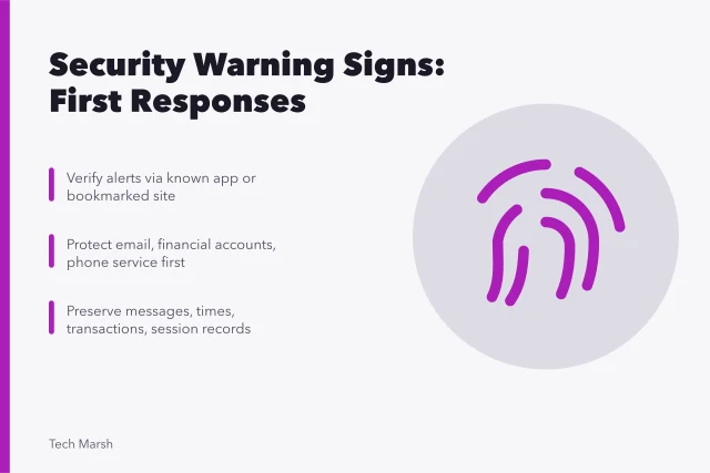 Security warning signs and first response steps for compromised accounts. Security warning signs on your devices, and what to do about them first