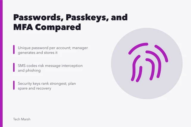 Comparison card of passwords, passkeys, and MFA account safety methods. Passwords, passkeys, and MFA compared for everyday account safety