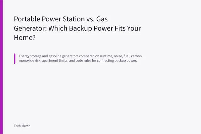 Portable power station with lit outlets beside a gas generator on concrete floor. Portable Power Station vs. Gas Generator: Which Backup Power Fits Your Home?