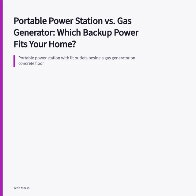 Portable power station with lit outlets beside a gas generator on concrete floor. Portable Power Station vs. Gas Generator: Which Backup Power Fits Your Home?