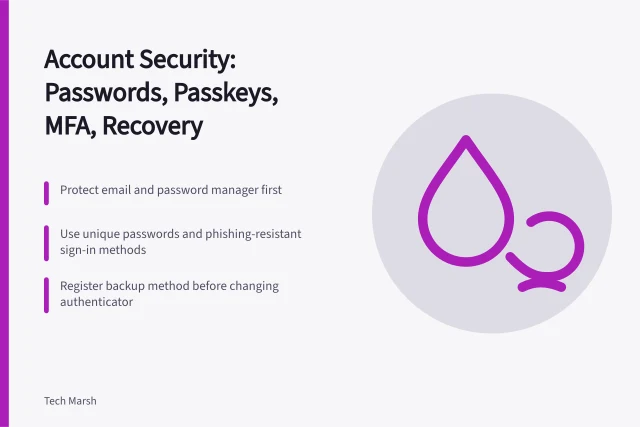 Account security guide covering passwords, passkeys, MFA, recovery, sessions, and alerts. Private account security guide: passwords, passkeys, multifactor authentication, recovery, sessions, and alerts