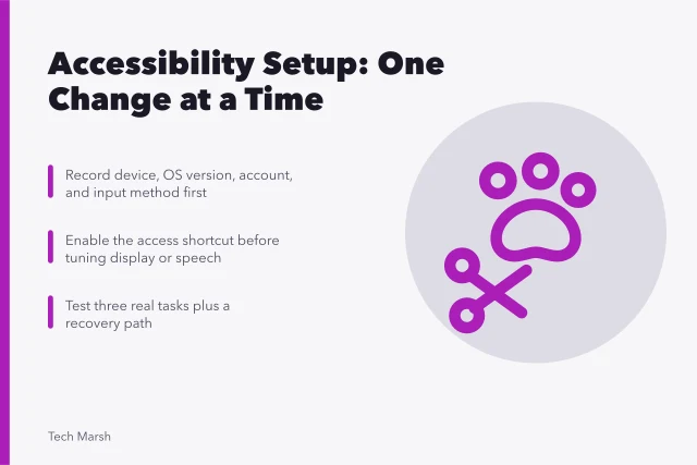 Accessibility setup guide: baseline notes, access shortcut, one setting at a time. Turning on accessibility features without losing what already works
