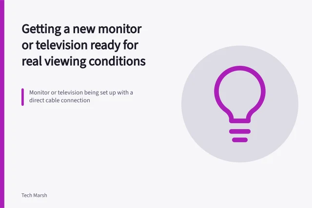 Monitor or television being set up with a direct cable connection. Getting a new monitor or television ready for real viewing conditions