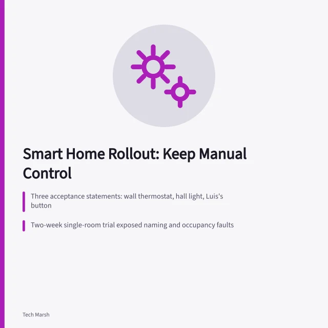 Smart home rollout with manual controls and room-by-room testing. Rolling out a smart home room by room without losing manual control