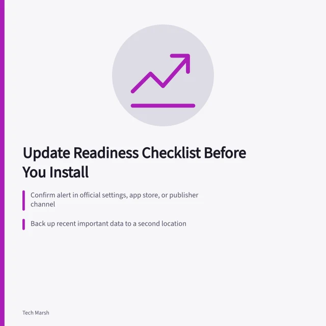 Checklist card for preparing phones and computers before software updates. Software update readiness checklist for phones, computers, and more
