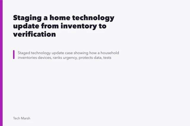 Staging a home technology update from inventory to verification. Staged technology update case: a home walkthrough