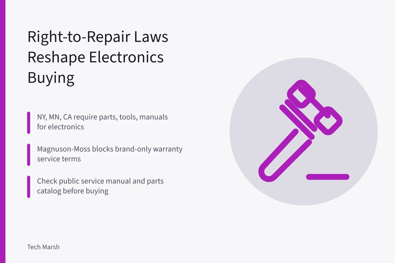 Right-to-repair law card with state rules and warranty buying checks. US Right-to-Repair Laws: What They Mean for Buying Electronics