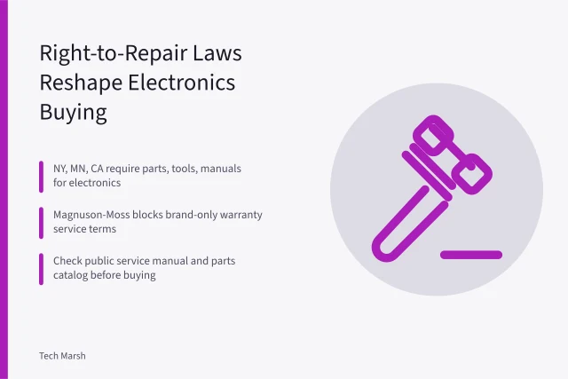 Right-to-repair law card with state rules and warranty buying checks. US Right-to-Repair Laws: What They Mean for Buying Electronics