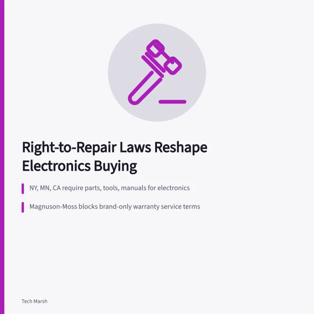 Right-to-repair law card with state rules and warranty buying checks. US Right-to-Repair Laws: What They Mean for Buying Electronics