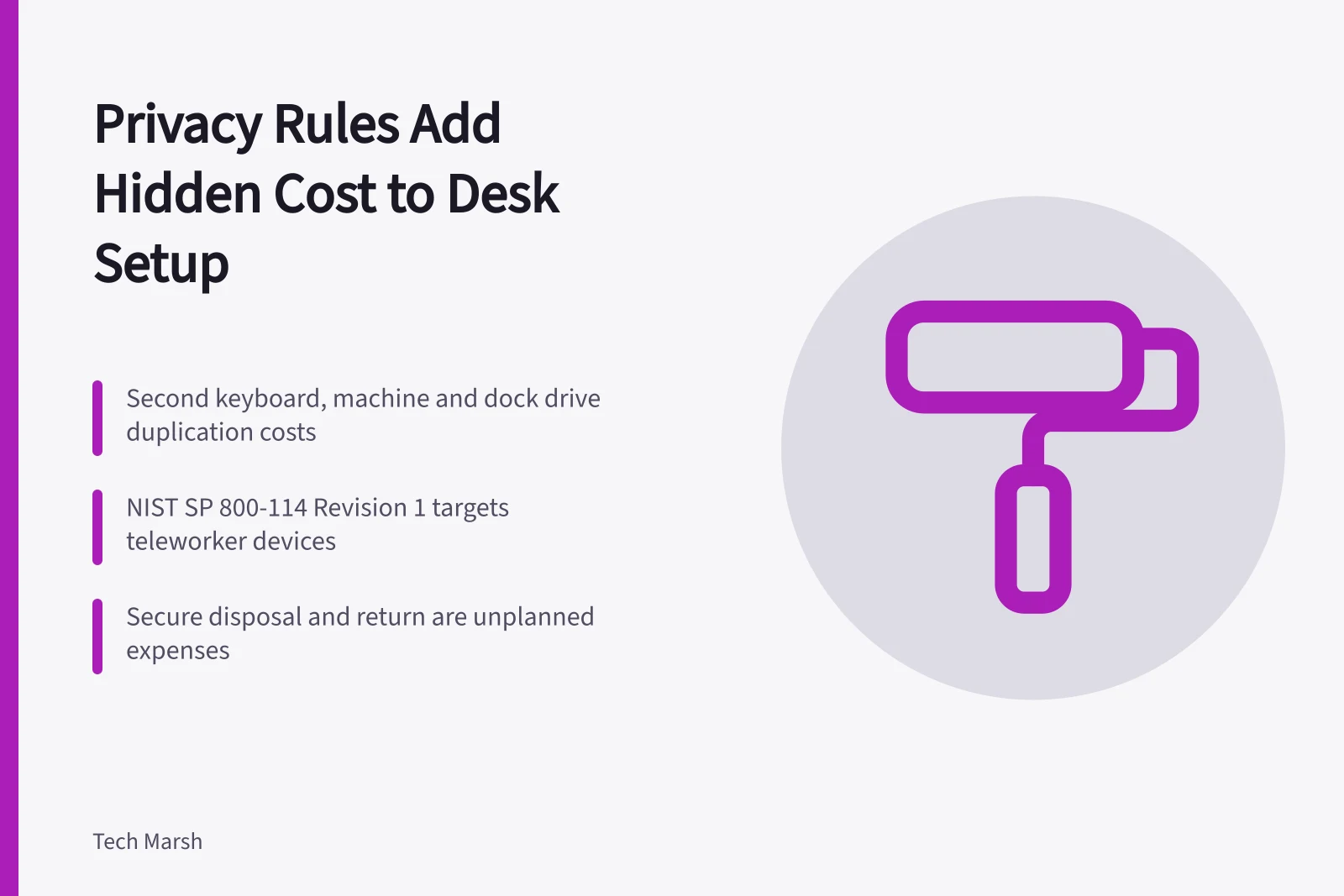 Card on hidden privacy costs of a quiet keyboard desk setup. Privacy rules add hidden cost to a quiet keyboard setup: here is where