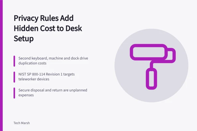 Card on hidden privacy costs of a quiet keyboard desk setup. Privacy rules add hidden cost to a quiet keyboard setup: here is where