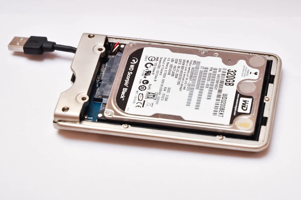 A hard disk mounted in an external USB enclosure