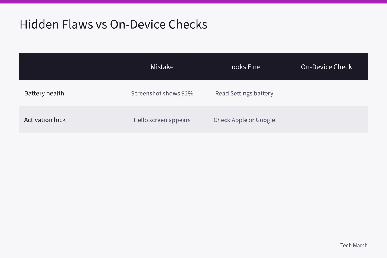 Comparison of hidden phone flaws and on-device checks (How to Buy a Used Phone Without Getting Burned: IMEI, Battery, and iCloud Checks)