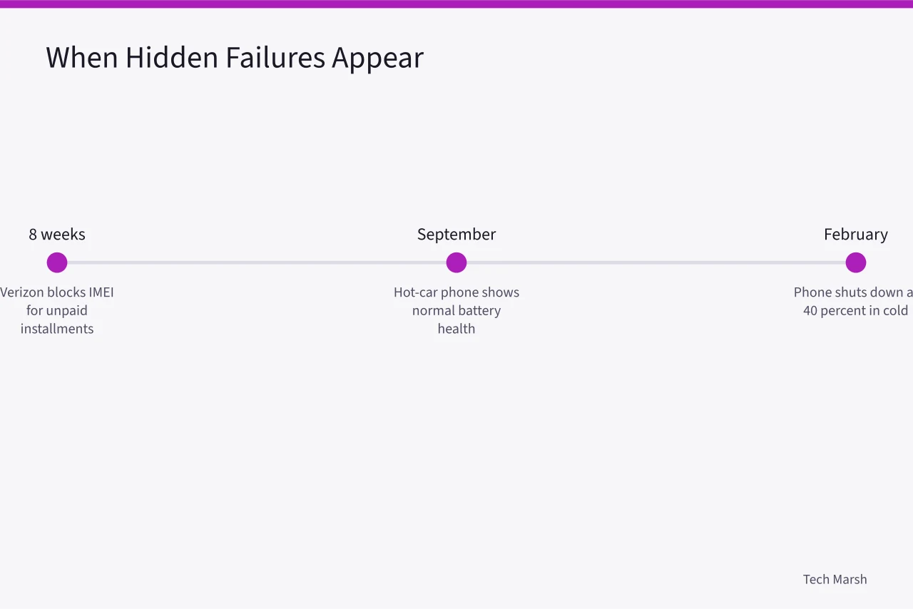 Timeline showing when hidden phone failures appear (How to Buy a Used Phone Without Getting Burned: IMEI, Battery, and iCloud Checks)