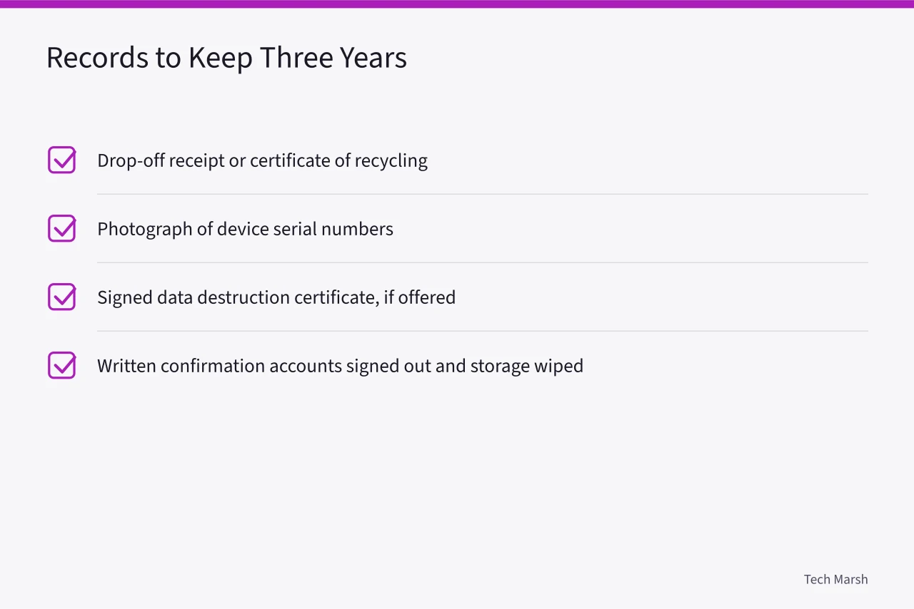 Checklist of four recycling records to keep for three years (How to Recycle Old Electronics Safely: US State Rules and Drop-off Options)