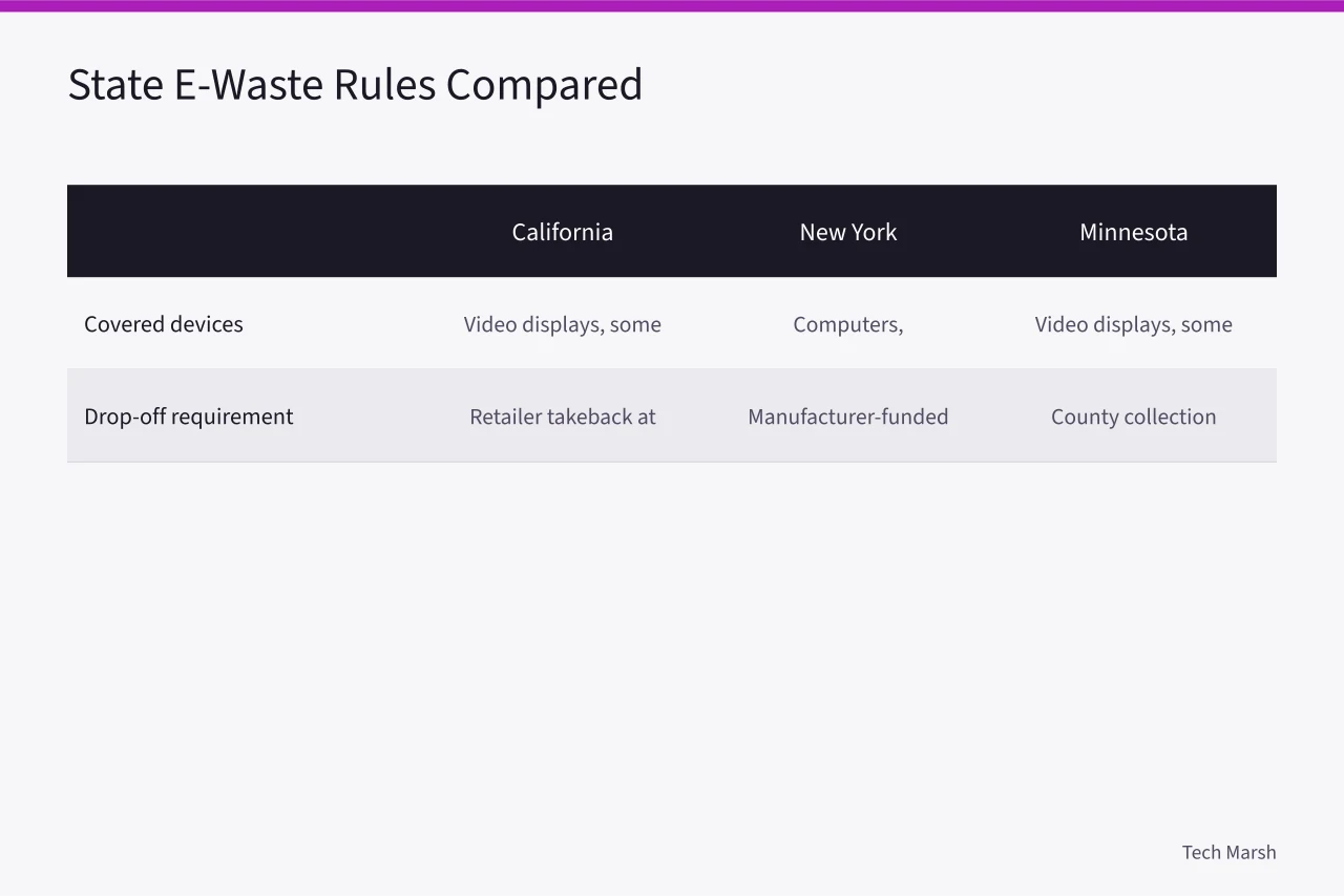 Table comparing covered devices and drop-off rules in three states (How to Recycle Old Electronics Safely: US State Rules and Drop-off Options)