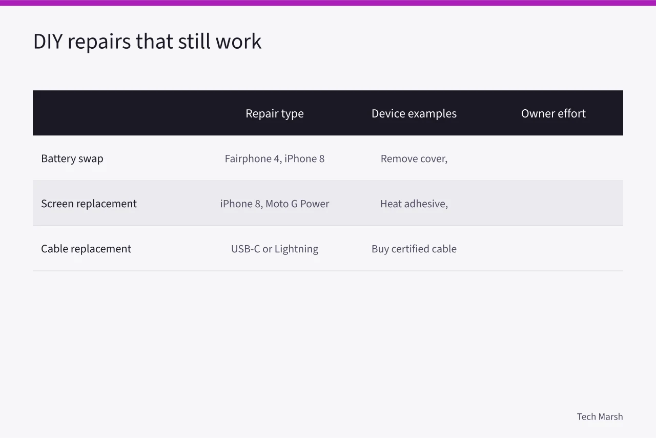 Comparison table of DIY repair types, device examples, and owner effort (Right to Repair in Canada: What Device Owners Can and Can't Fix Under New Rules)