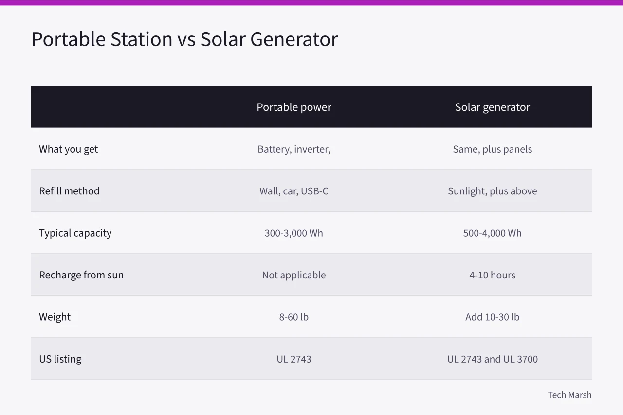 Comparison table of portable power stations and solar generators across seven criteria (Solar Generator vs Portable Power Station: What Actually Backs Up Your Home?)