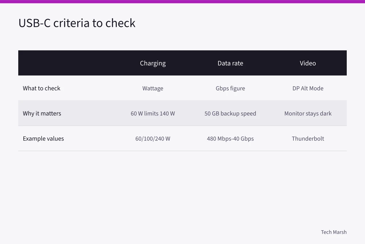 Comparison table of USB-C charging, data, video, and certification criteria (USB-C Cable Types and Speeds Explained: What the Labels on the Box Actually Mean)